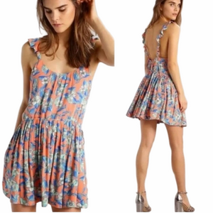Free People Dear You Mini Boho Dress Orange Blue Floral XS